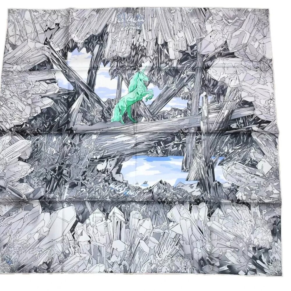 Hermes Scarf La Vallee de Cristal 90 cm silk green white Carre unicorn horse 35"